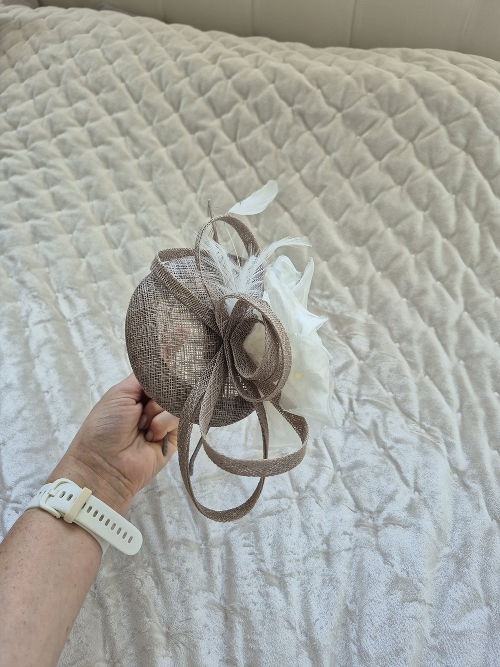Taupe Womenβs Fascinator Hat with White Feather Accent